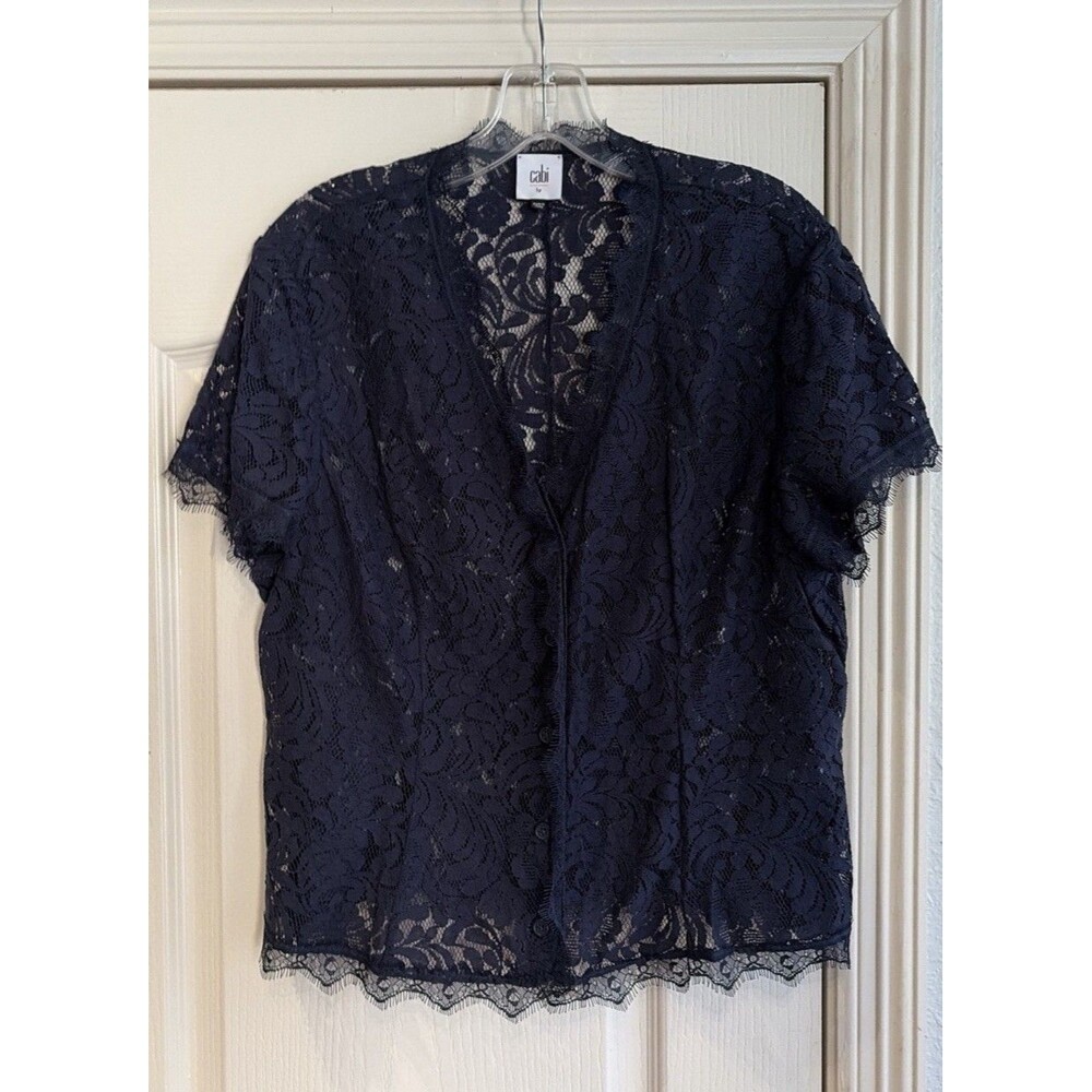 CAbi Size Large Navy Blue Floral Lace Button Front Short Sleeve Top Blouse